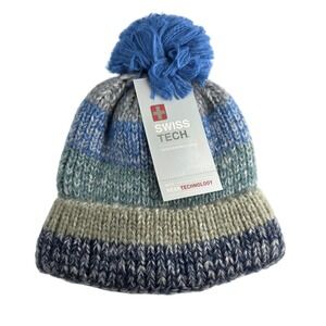 SWISS TECH Toddler Hat Mitten Set Blue Multi Knit Pom Pom Winter Warm One Size